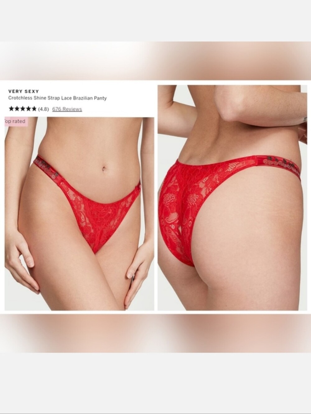 Victoria's secret very sexy crotchless shine strap cherry Brazilian panty XL RED
